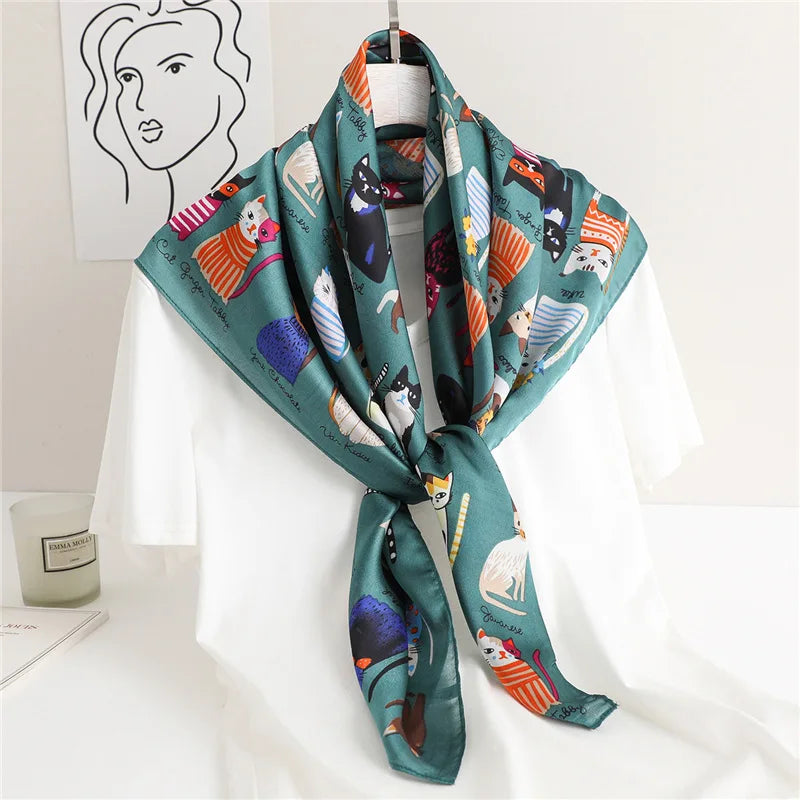 Summer Style Fashion Cat Pattern Design Print square Scarf Cartoon Animal Design 90x90cm Scarf for Women