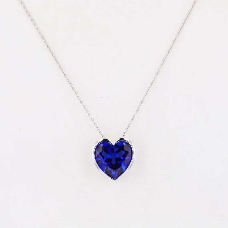Bezel Setting 12x12mm Heart Pendant Lab Grown Sapphire  Shape S925 10k 14k Solid Gold Necklace