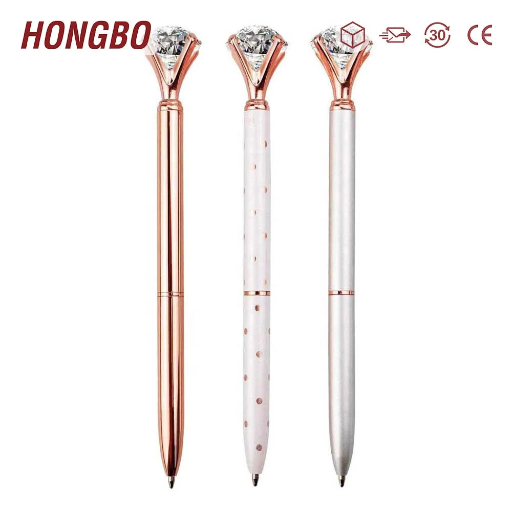 Silver / White Rose Polka Dot / Rose Gold Bling Diamond Metal Ballpoint Pens with Large Crystal Diamond for Office and School