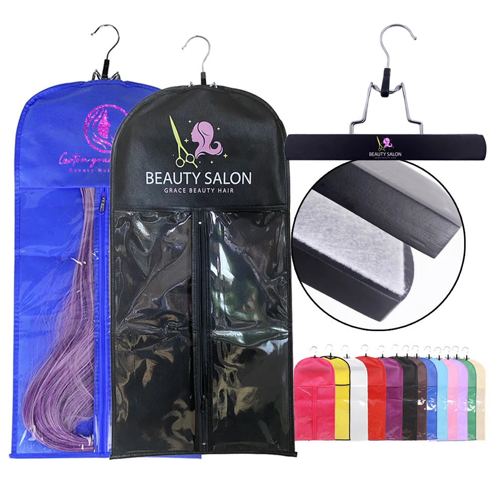 New Hot Custom Pvc Non-woven Fabric extra Long Wig Packaging Bag Holder clear Window Wig Storage Bag With Hangers