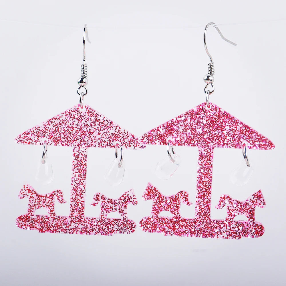 Wholesale Romantic Pink Sequin Amusement Park Crystal Glitter Cute Girl Acrylic Carousel Trendy Anniversary Drop Earrings Unisex