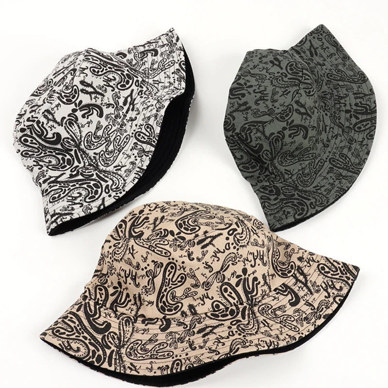Vintage Double Sided Sun Packable Cotton Fishing Bandanna Paisley Fisherman Cap Reversible Bucket Hat