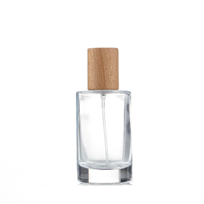 Refill 50ml Perfume Spray Bottle Skincare Fine Mist Cosmetic Packaging Screw Round Wood Cover Empty Perfume Glass Bottle
