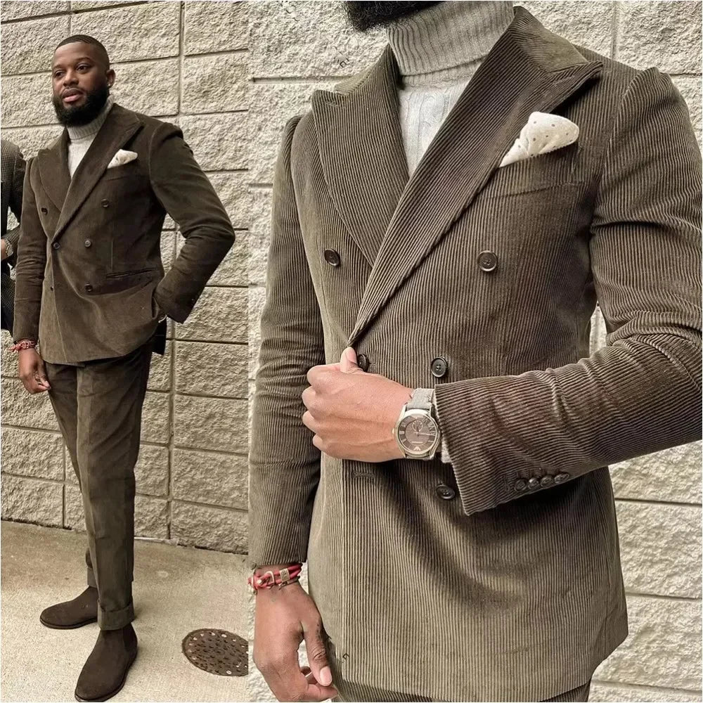 Corduroy Men's Suits 2 Pieces Double Breasted Peaked Lapel Costume Homme Slim Autumn Retro Tooling for Wedding Groom Jacket Pant