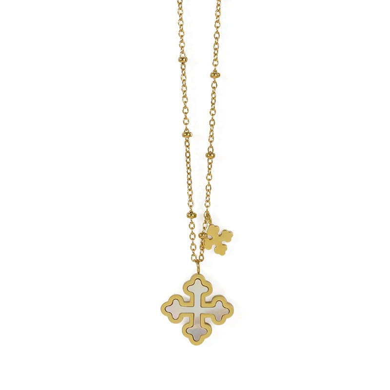 High Quality Gold PVD Plated Stainless Steel Natural Shell Cross Pendant Necklace for Women Jewelry Gift