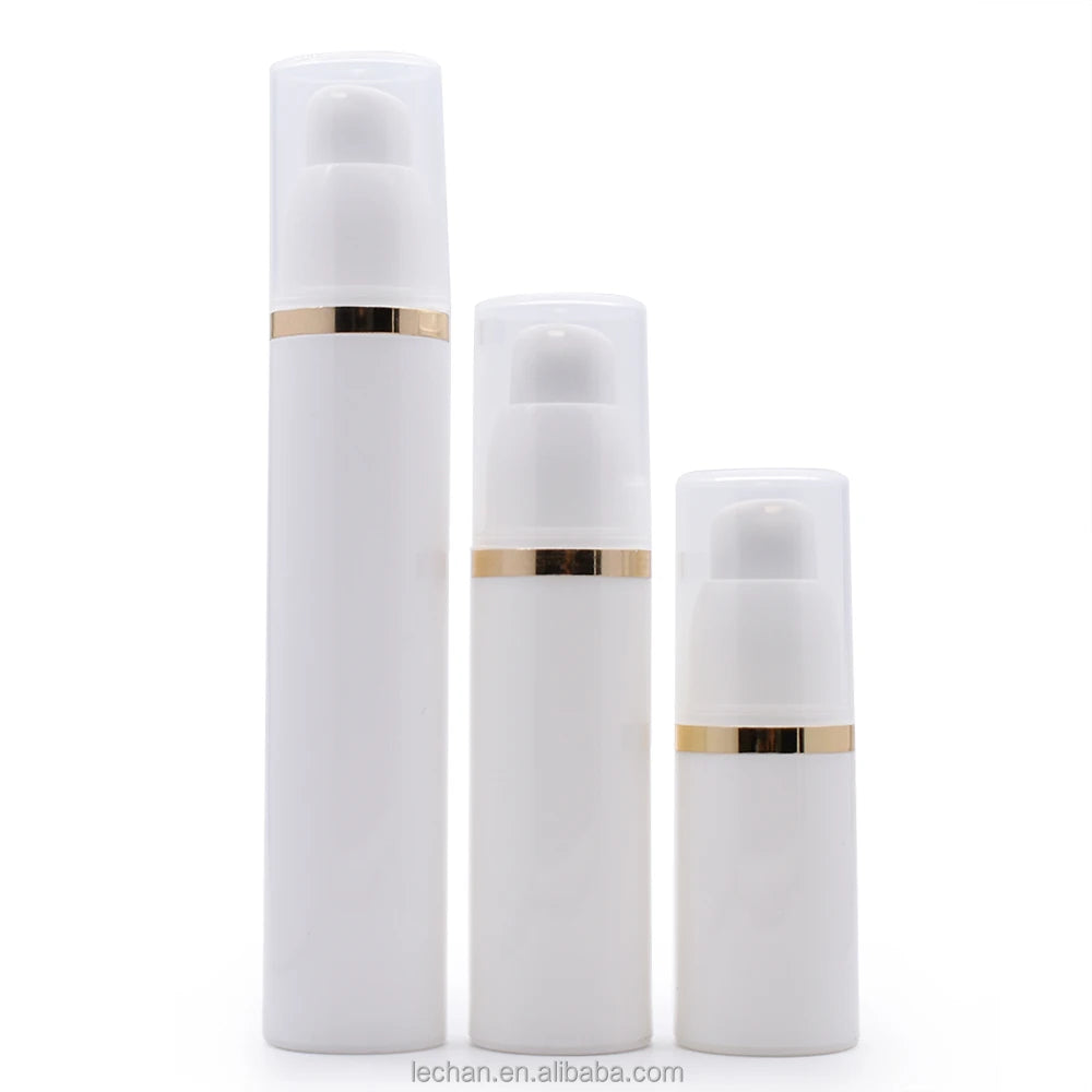 Luxury Cylindrical 1oz 15ml 30ml 50ml White pp Plastic Airless Pump Bottle for Eye Cream with Gold Sliver Line Transparent Cap