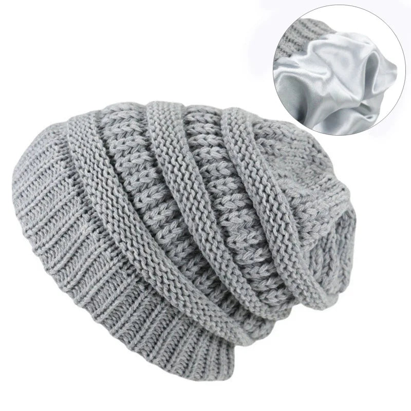 Winter Beanies Satin Lined Warm Thick Knitted Hats Slouchy Caps for Women