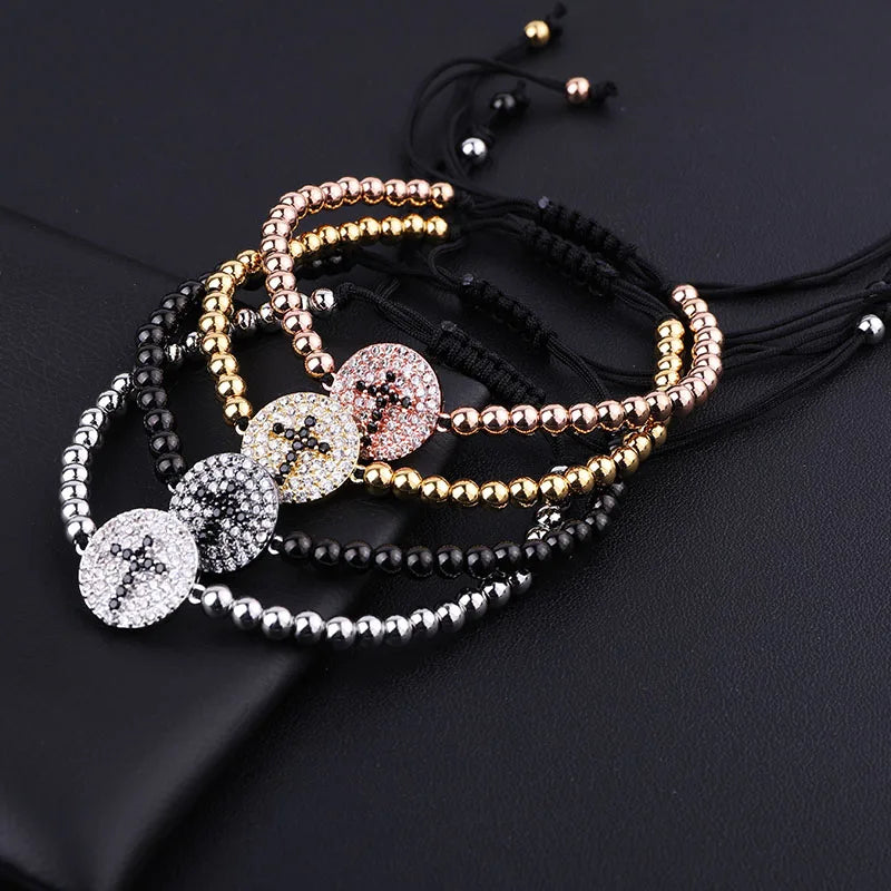 New Arrived Hot Selling Stainless Steel Beads CZ Pave Cross Charm Adjustable Bracelet for Men Women