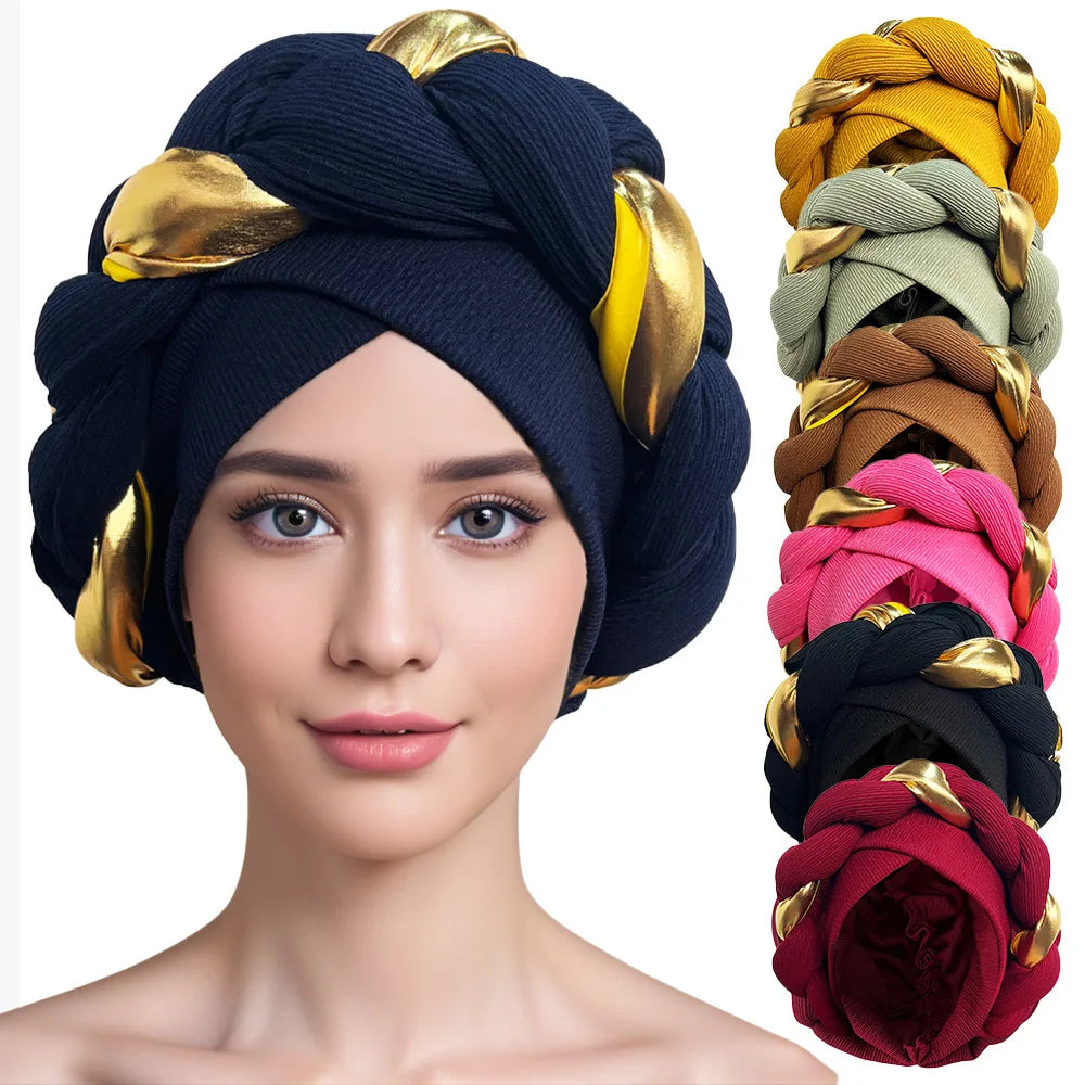HZM-23431 Head Wrap Headtie Beautiful Space Layer Two-color Braid Scarf Hair Accessories African Women Turban Hat