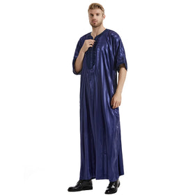 Summer Slik Luxurious Stand Collar Kaftan Modern Islamic Clothing Saudi Arabic Thobe for Muslim Men Short Sleeve Clothing