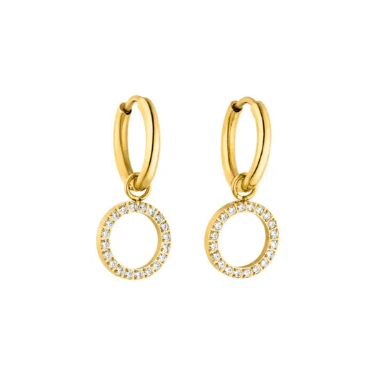 Shining Stainless Steel CZ Crystal Round Drop Earrings Ladies' Fashionable CLOSED GLOW Pendant Gold Plated Fine Jewelry Gift