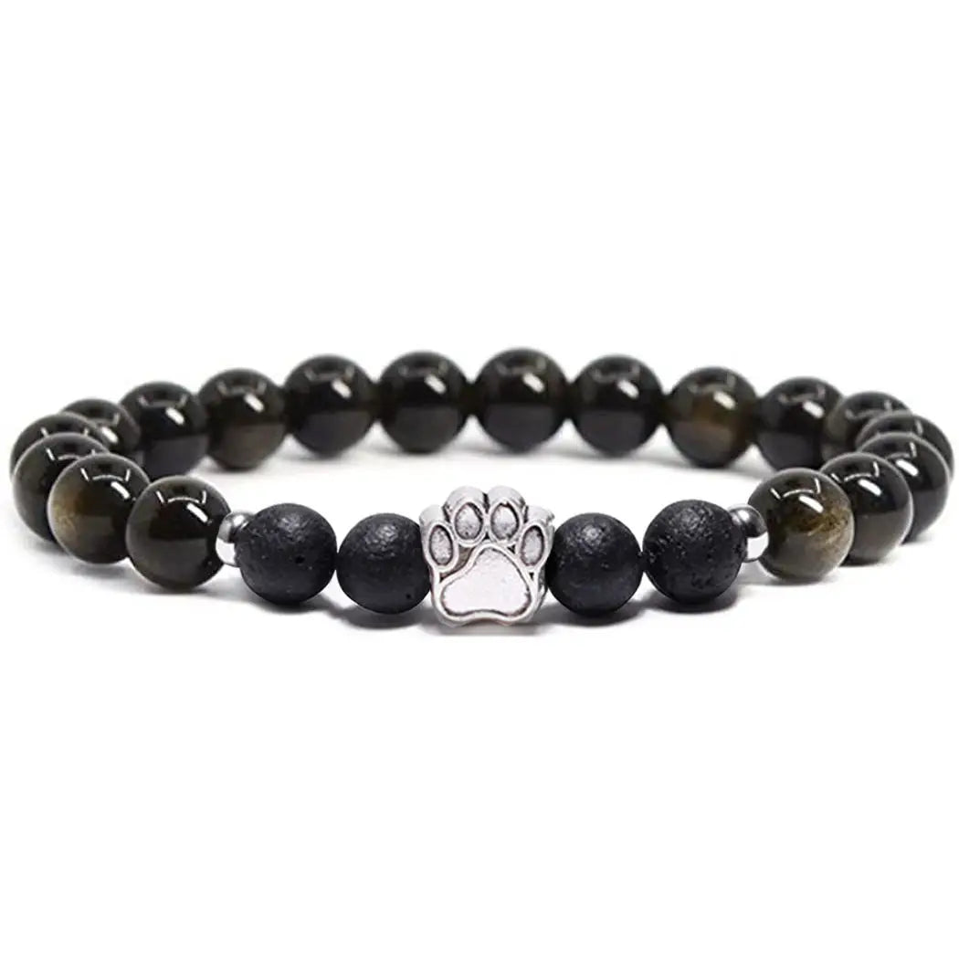 Fashion Handmade Natural 8MM Tiger Eye Crystal Beads Bracelet Alloy Cat Footprint Elastic Bracelet Animal