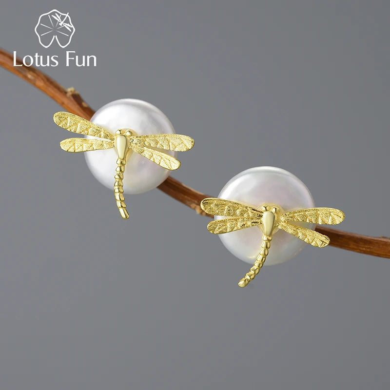Lotus Fun Hand Made Fresh Water Pearl Stud Earring Dragonfly Design 925 Sterling Silver With 18k Gold Plating Women Fine Jewelry