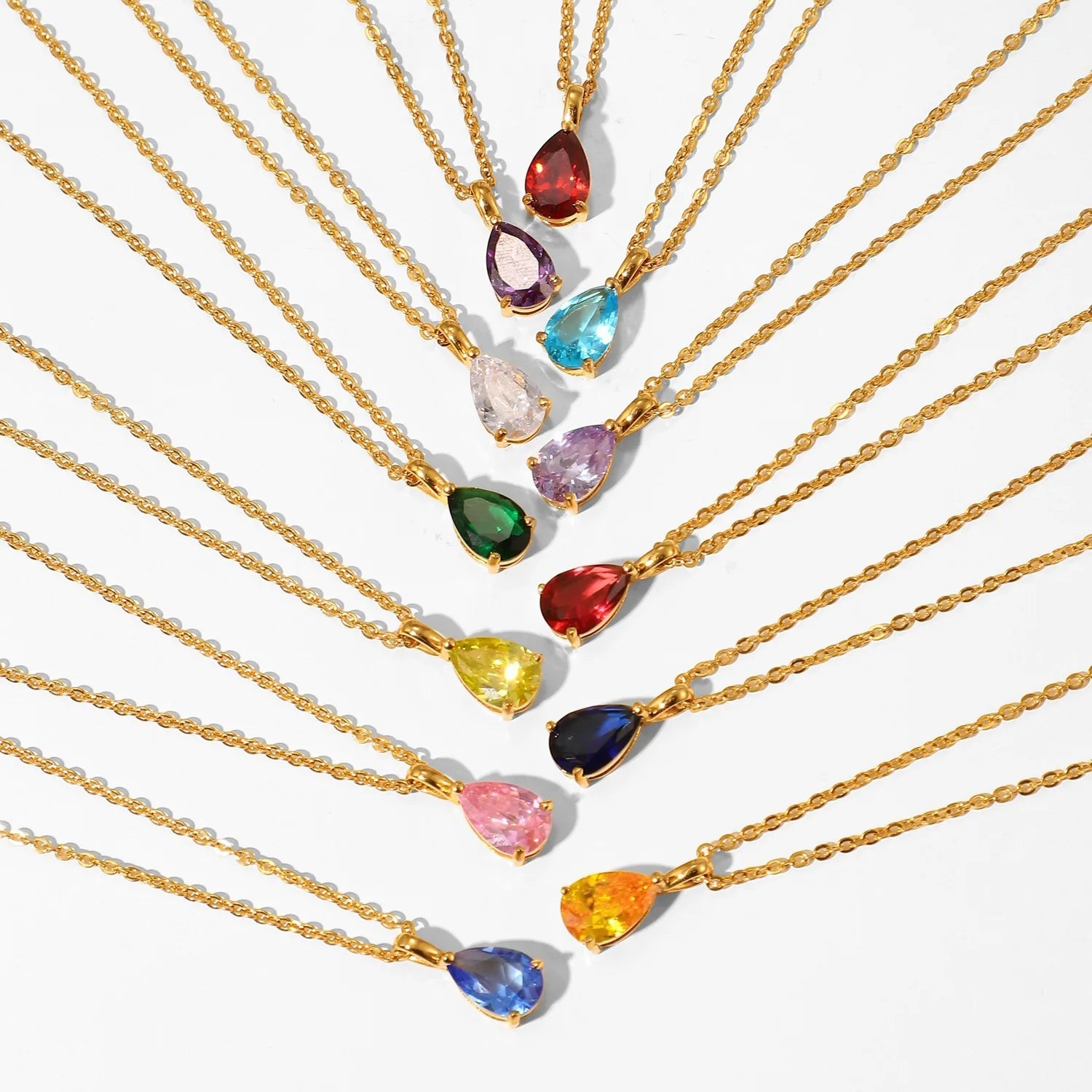 DAIHE Non Tarnish Drop-shaped Colored Birthstone Zircon Pendant 18k Gold Plated Necklace