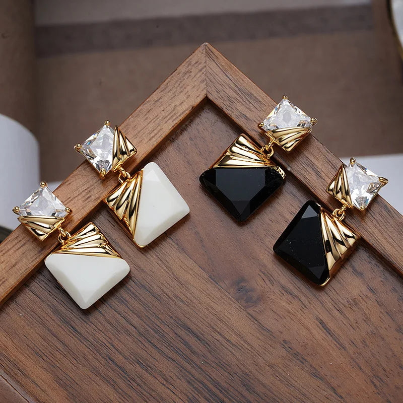 Luxury Vintage Geometric Zircon Stud Earrings Trendy Large Diamond Zircon Brass Stud Earrings Jewelry for Women