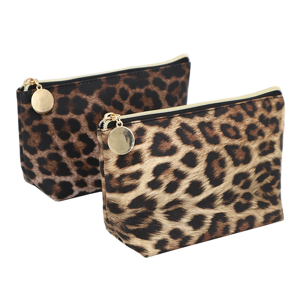 Leopard Print Cosmetic Bag Travel Makeup Pouch Bag Toiletry Bags Makeup Clutch Organizer with Zipper  Round ZIpper Tail