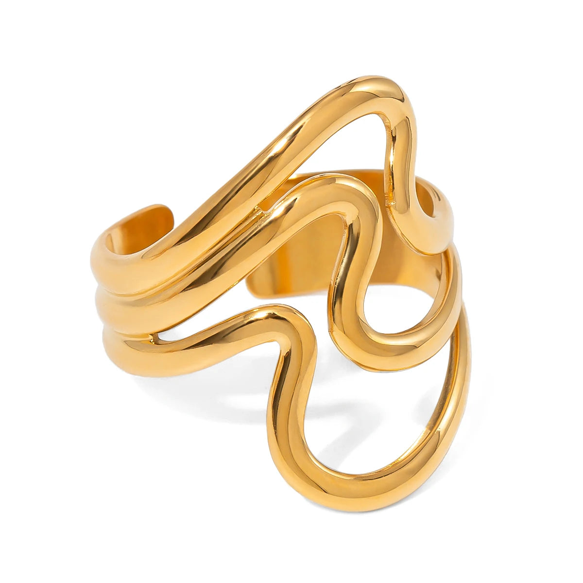 J&D 18k Gold Stainless Steel Wavy Design Irregular Hollow Open Ring Statement Jewelry INS Trendy