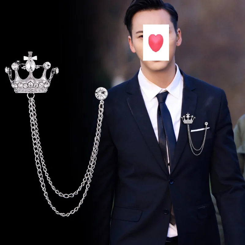 Brooch Vintage Crystal Crown Chain Pin for Men Jewelry Suits Accessories Lapel Pin Collar Lapel Badge Brooch Wholesale