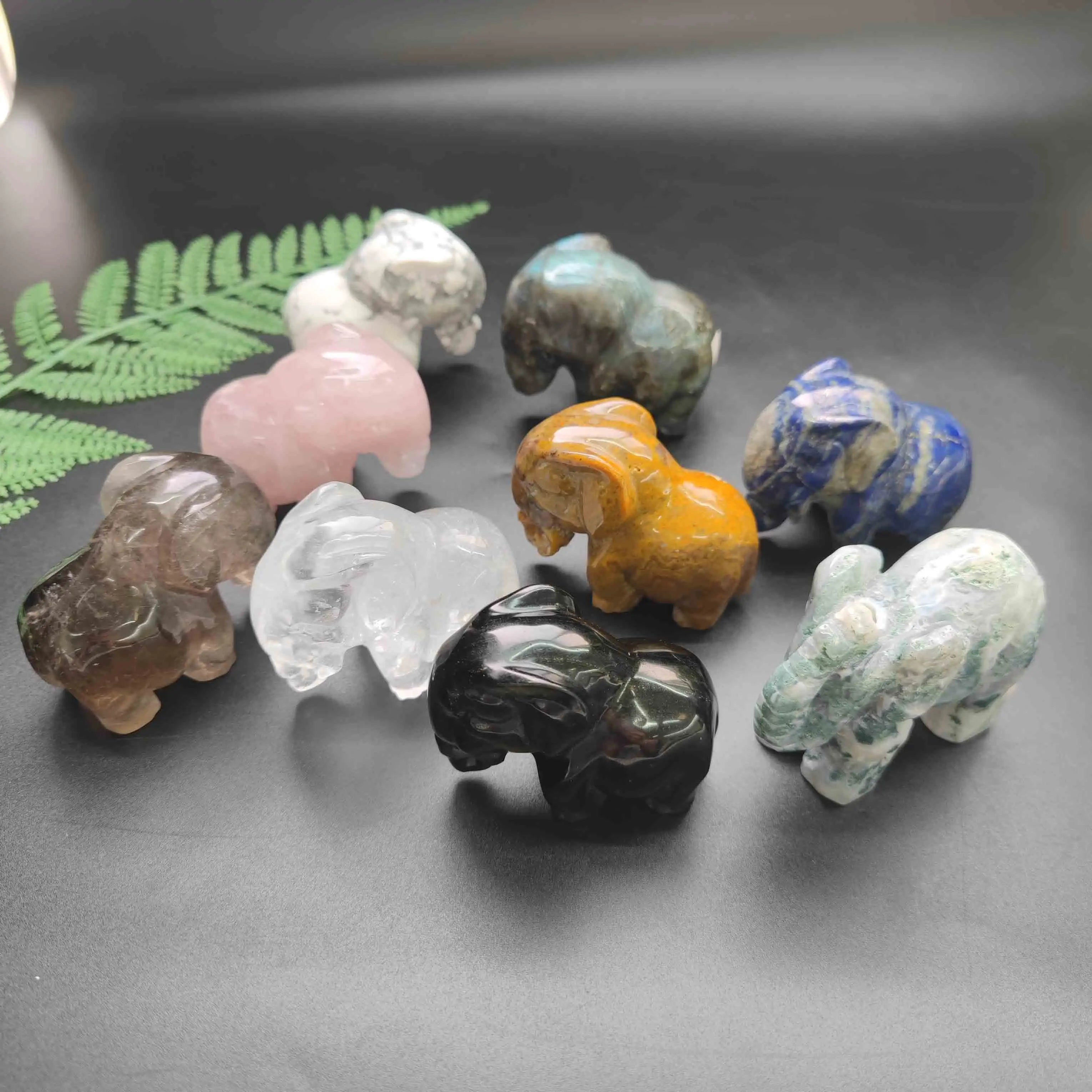 Natural Hand Carved Moss Agate Elephant Crystals Crafts Carving Animals Rose Quartz Elephant for Sale