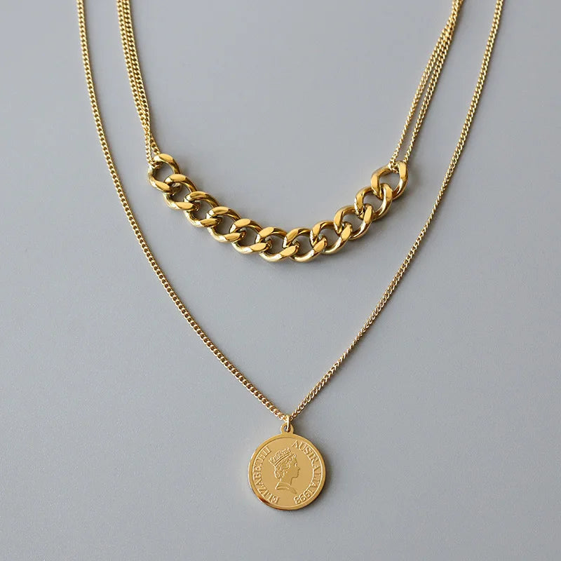 Women's Vintage Double-Layered Long Sweater Necklace Fashionable Chain Ornaments Queen Titanium Steel Stainless Steel Parties