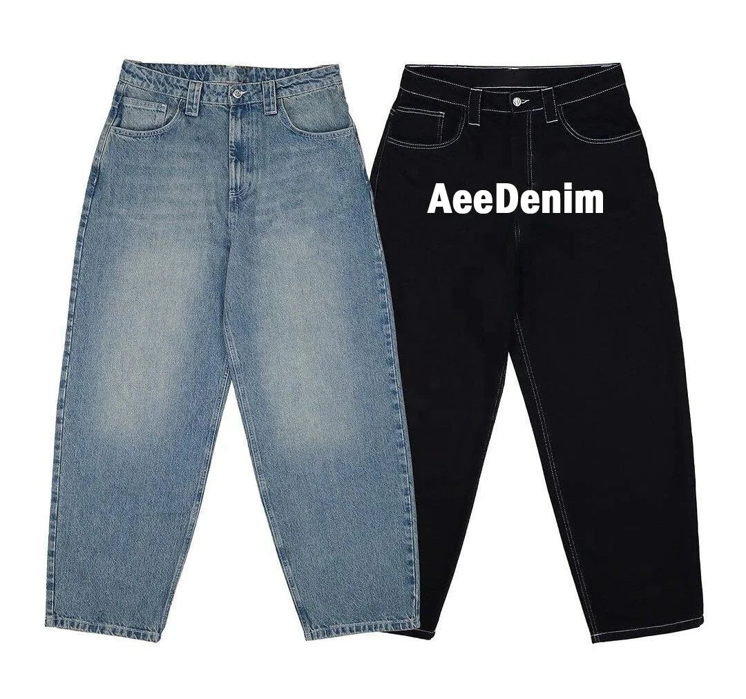 AeeDenim Custom Y2k Men's Letter Printed Denim Jeans Embroidery Patch Wide Leg Loose Baggy Street Retro Winter Washed Pants