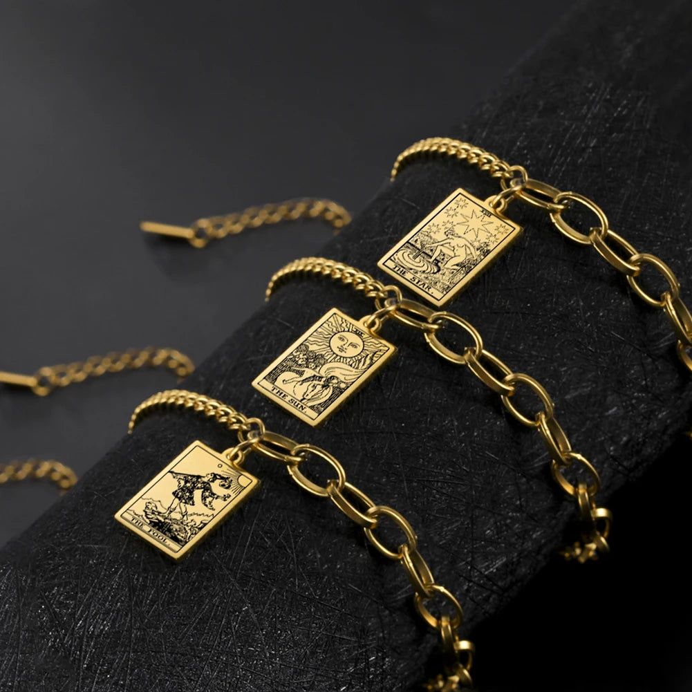 Huilin Jewelry  Tarot Cards Pendants Golden Bracelets for Women Stainless Steel the Major Arcana Sun Star Vintage Tarot Jewelry