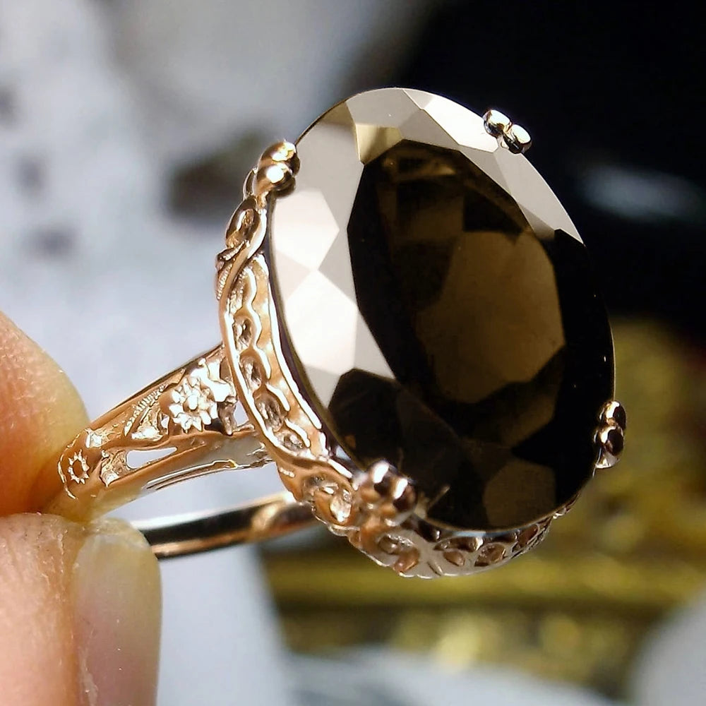 CAOSHI Latest 2025 Vintage Design Rings Noble Cubic Carved Cool Coffee Crystal Rings Women Gold Color Oval Rings for Women