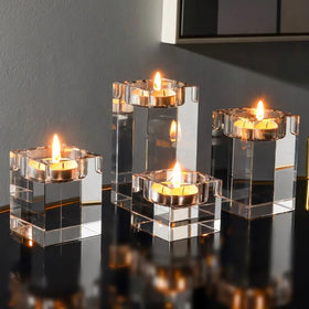 High Quality Customized Logo 3D Laser Engraving Decorative K9 Crystal Solid Cube Candlestick Clear Glass Candle Holder
