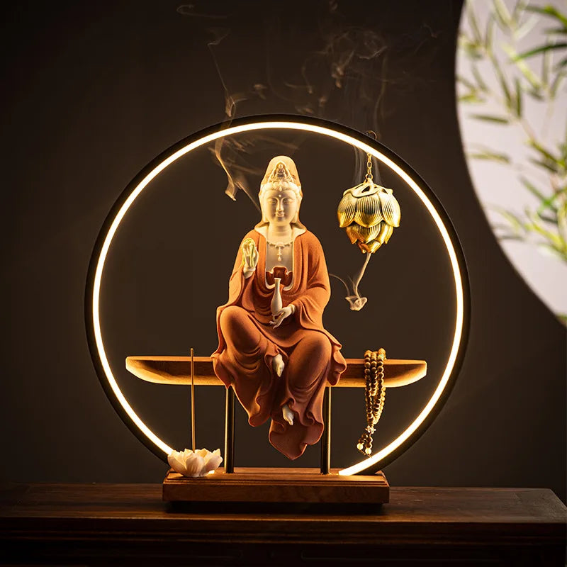 2024 New Design Wholesale Moq 2pcs Backflow Cones Waterfall Led Light Ceramic Buddha Statue Incense Burner
