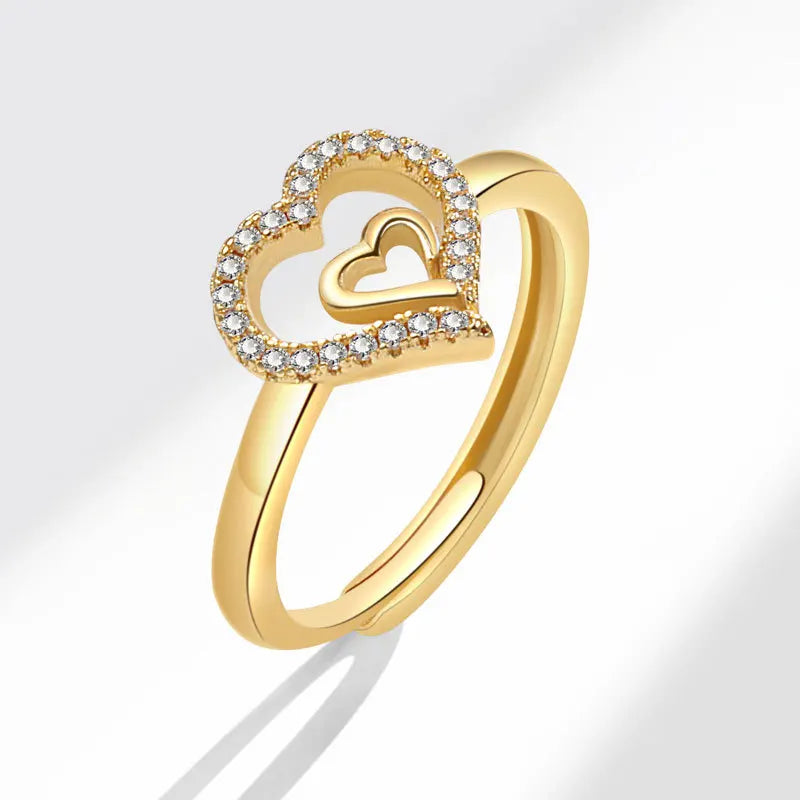 Double Hollow Heart Finger Ring for Women Zircon Heart Adjustable Diamond Ring Engagement Wedding Ring