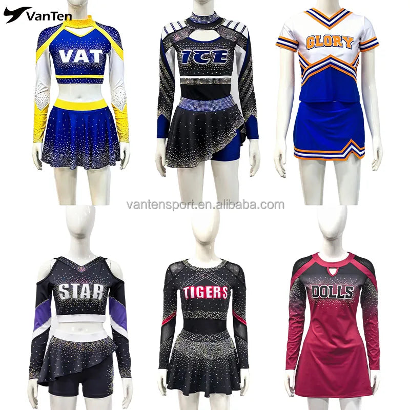 OEM Free Custom Design All Star Cheer Dance Costumes Uniformes Cheerleading Spandex in Full Rhinestones for All Ages