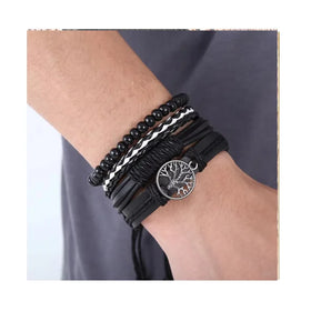 Multilayer 4Pcs/Set Braided Wrap Leather Bracelets for Men Vintage Life Tree Wood Beads Bracelet Ethnic Tribal Wristbands