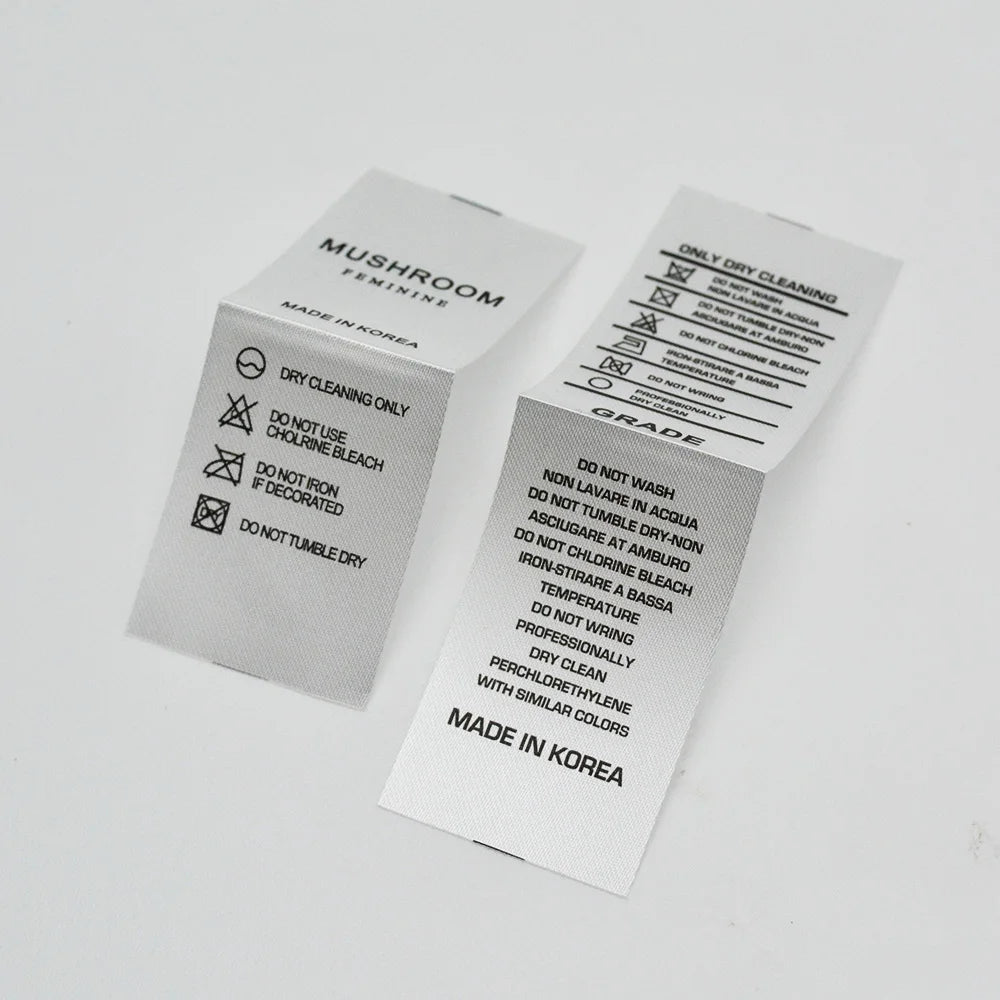 Good Selling Custom New Design Cheap White Satin Garment Tags and Print Washing Care Labels for Clothing