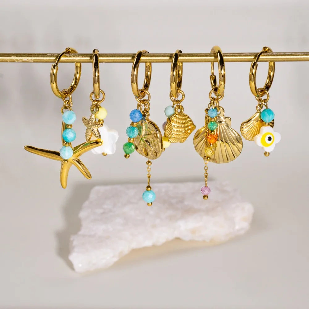 Gold Stainless Steel Summer Surfer Jewelry Colorful Dangle Charm Earrings Sea Shell Starfish Beach Hoop Animal Pattern Gift