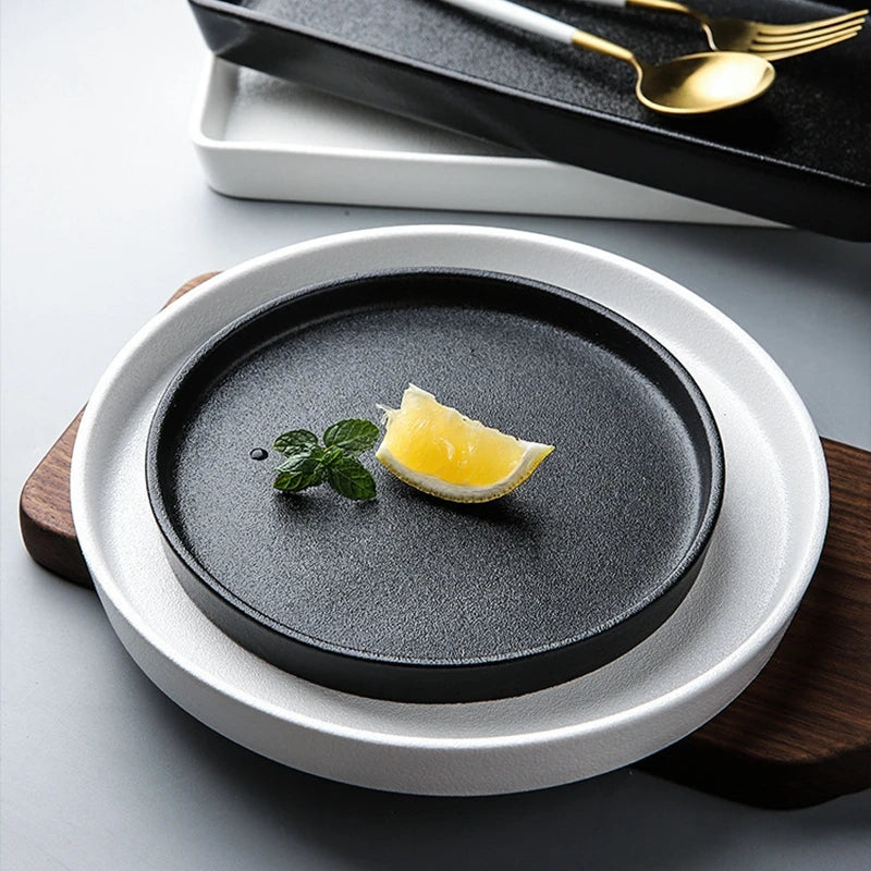9'' HOT SALES Ceramic Black Matte Steak Plate Round Dinner Plate Soup Dessert Sushi Dish Restaurant Serving Plate Tableware Set