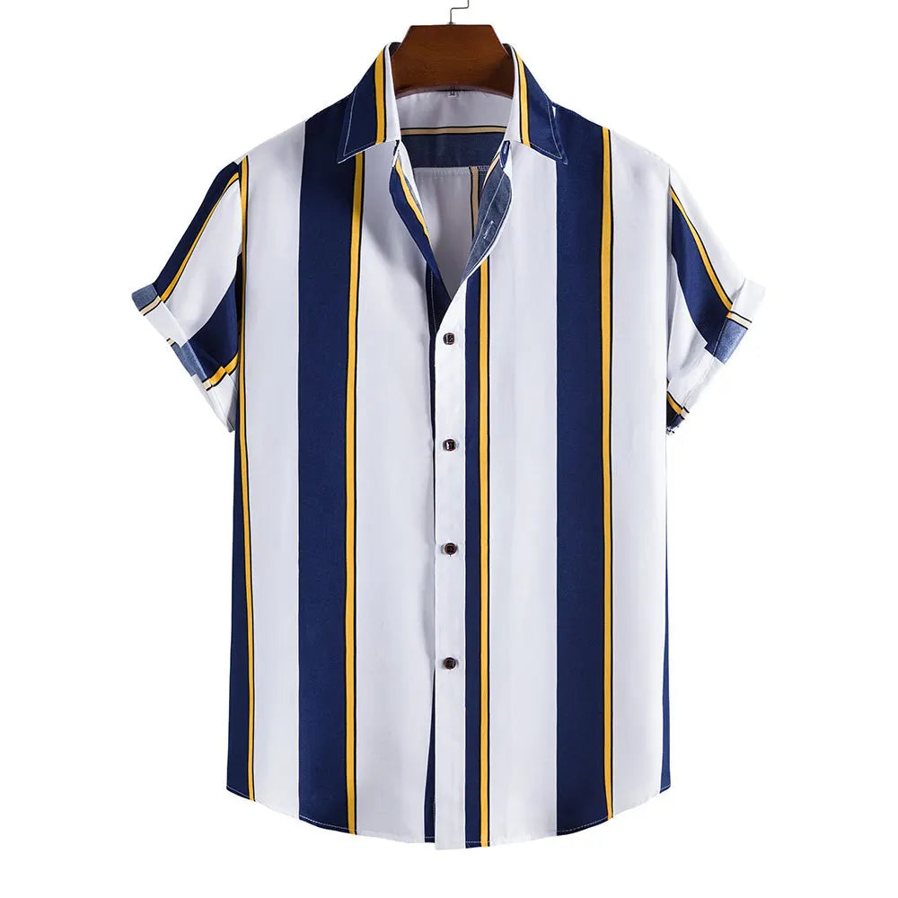Wholesale Summer Men's Casual Short-Sleeved T-Shirt Breathable and Striped Print Beachwear Twill Fabric