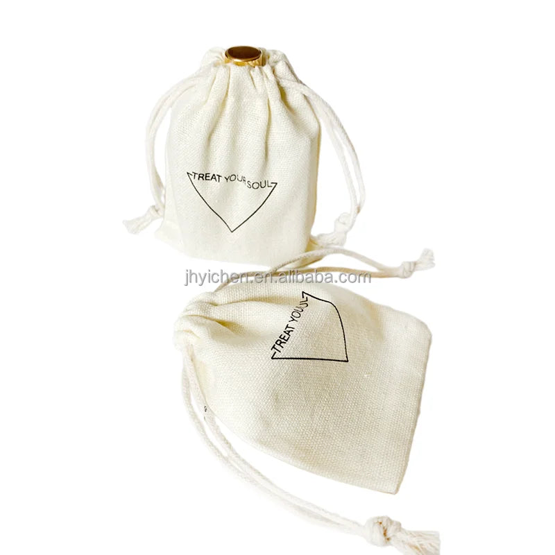 Custom Organic Small Cotton Linen Bag for Jewelry Storage Beige Drawstring Pouch with Screen Printing Recyclable Craft Use