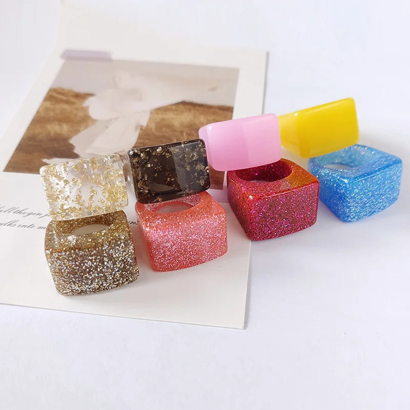 Wholesale Summer New Colored Acrylic Resin Exaggerate Big Ring Multicolor Geometric Square Resin Ring for Women