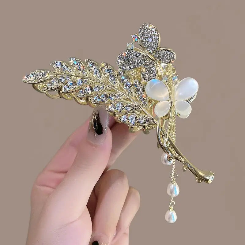 Trendy Elegant Flower Pearl Tassel Hair Clips Claw Accessories Women Shiny Diamond Crystal Flower Hair Claws