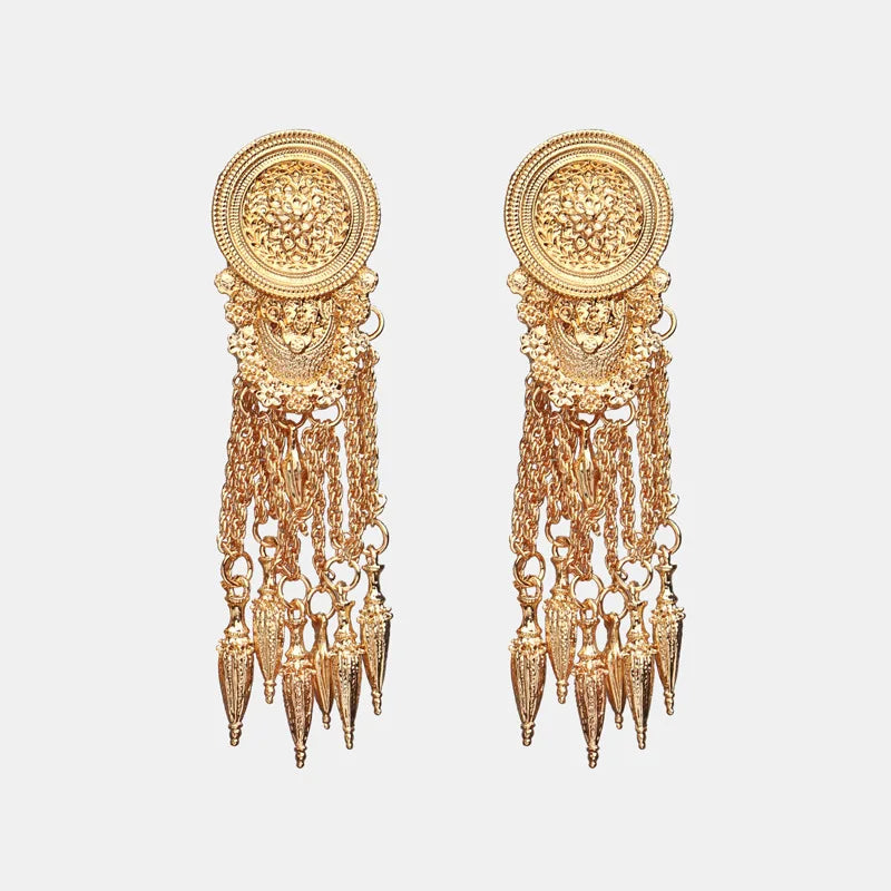 Luxury Wedding Jewelry Gold Plated Long Tassel Drop Earring Metal Round Coin Stud Link Tassel Dangle Earring for Women