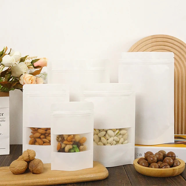 White Kraft Flat Bottom Side Gusset Paper Bags with Zipper Convenient for Food and Sugar Features with Window