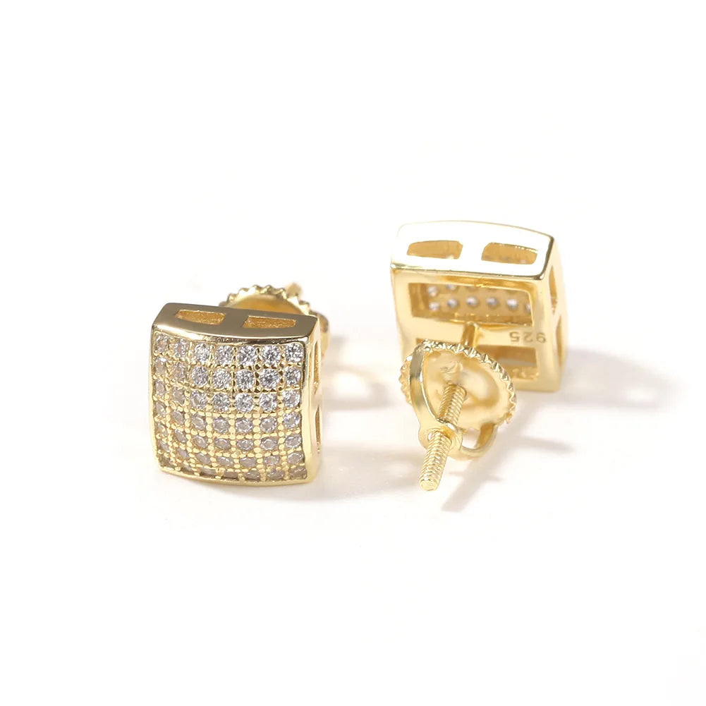 Fashion 925 Silver Fine Stud Earrings New Cute Geometric Arc Square Design Micro Zircon Inlay Gold Hiphop Style for Gift Factory