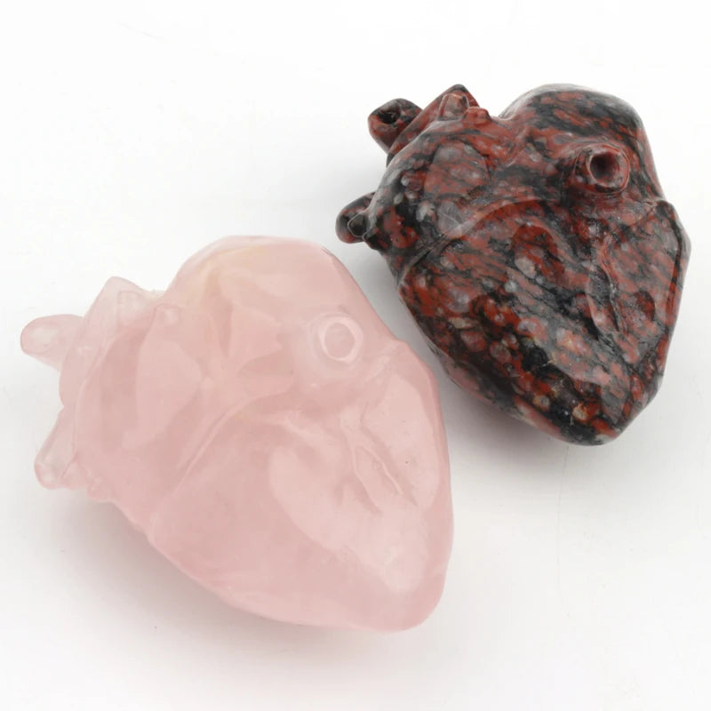 Hand Carved Crystal Gemstone Anatomical Heart Black Obsidian Rose Quartz Crystal Hearts Shaped Organ Carving