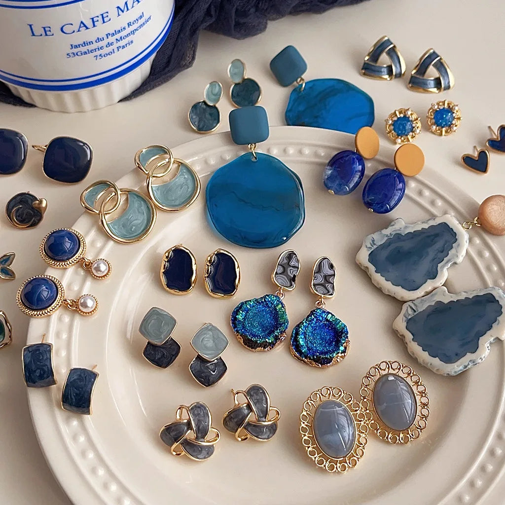 2025 Summer New Arrival Fashion Ocean Style Blue Series Hypoallergenic Silver Needle Earrings for Women Daily Life Jewelry