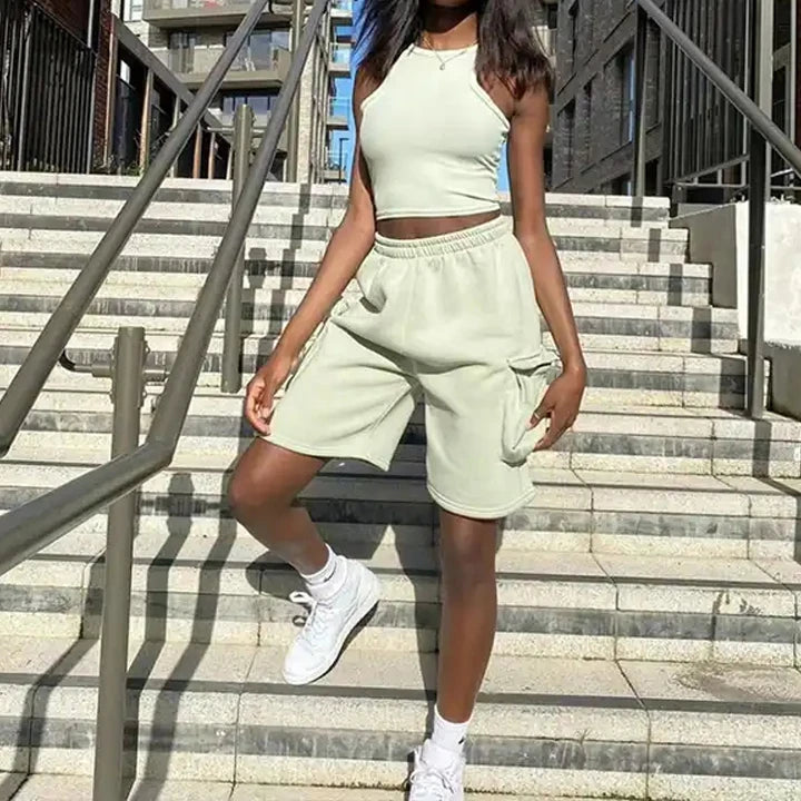 Custom Shorts Tracksuit Women Gym Fitness Cotton 2 Piece Ribbed Tank Top and Cargo Shorts Set for Ladies