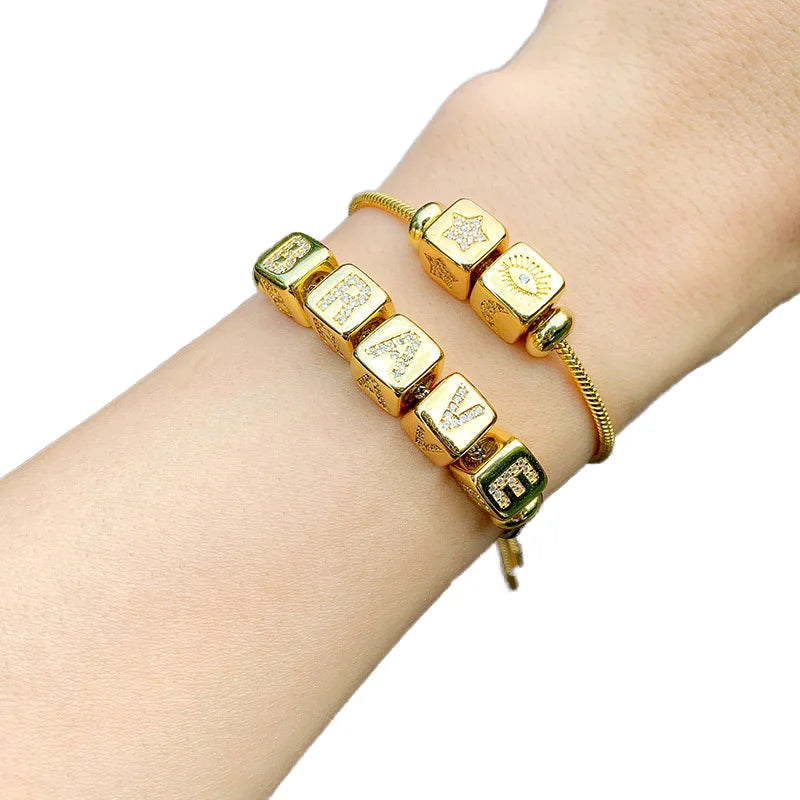 HOVANCI Adjustable 18K Gold Plated CZ A-Z Initial Letter Cube Charm Bracelet 26 Letter Bracelet Zircon Unisex Christian Gift
