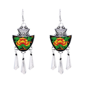 Bohemian Style Embroidery Craft Flower Dangle Earrings Silver Alloy Handmade Jewelry Accessory
