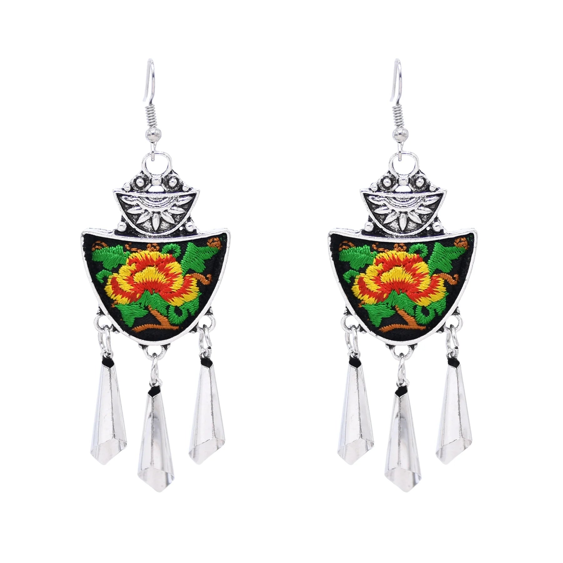 Bohemian Style Embroidery Craft Flower Dangle Earrings Silver Alloy Handmade Jewelry Accessory