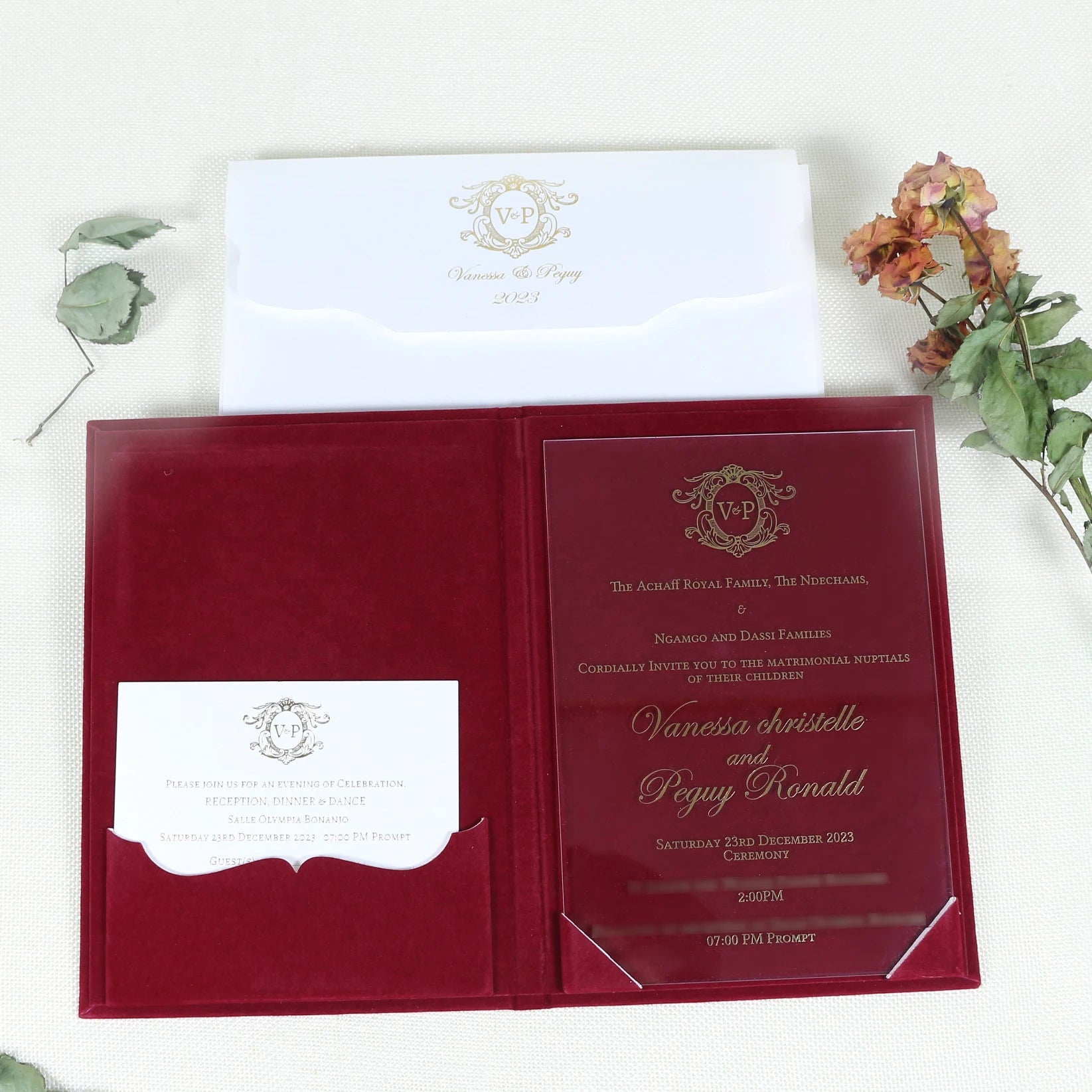 DIY Handmade Customized Gold Foiling Burgundy Velvet Hardcover Invitation Cards with Envelope for Wedding Decorations