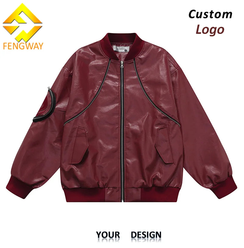 Fengway Custom Trendy Vintage Leather Pilot Baseball Bomber Jacket Men's Pu Leather Zip-Up Spring Front Logo